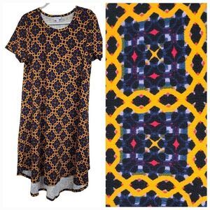 LuLaRoe Carly Jacquard Dress M 10/12 Black Tribal Tile Midi Pocket High Low NWT